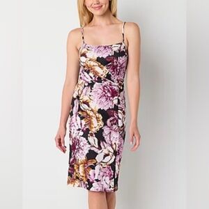 Maia Womens Floral Sleeveless Black Purple Cream Midi Sheath Dress 14